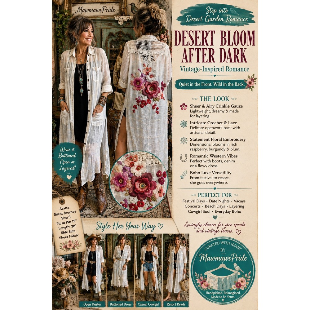 Aratta Silent Journey Embroidered Floral Lace Sheer Gauze Duster Dress Small Med